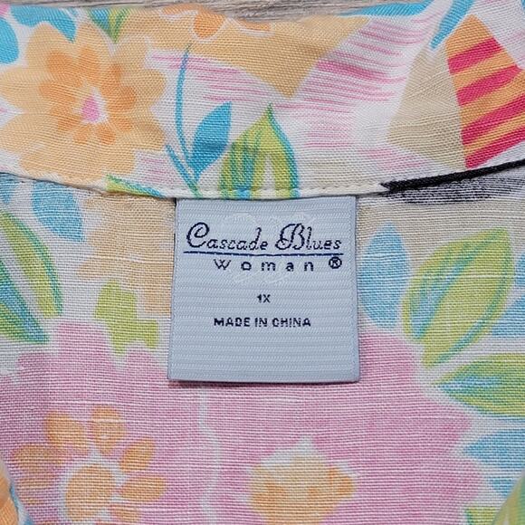Cascade Blues Linen Hawaiian Button Up Shirt 1X Tropical Colorful Bright Floral - Picture 3 of 6